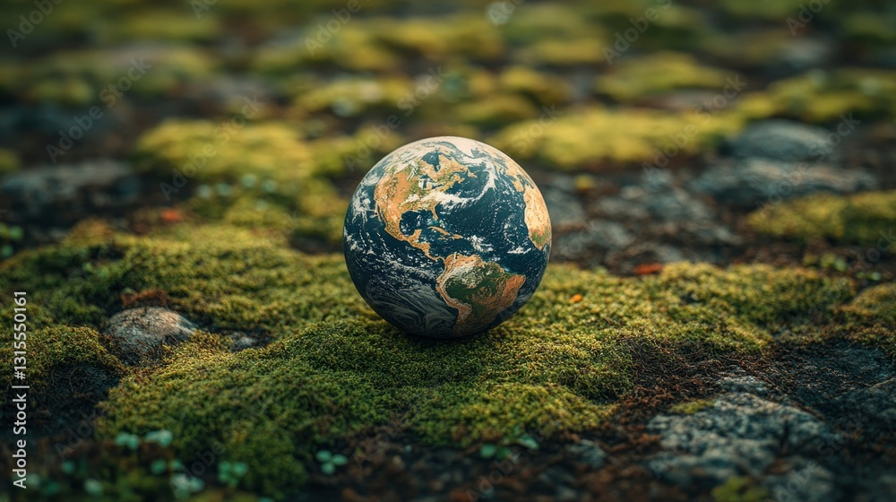 Miniature Earth Resting on Mossy Ground Symbol of Environmental Conservation Miniature Earth Resting on Mossy Ground Symbol of Environmental Conservation