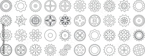 Gear icon vector set, black cogwheel vector collection, mechanical gear shapes, engineering symbols, industrial machinery, sprocket designs