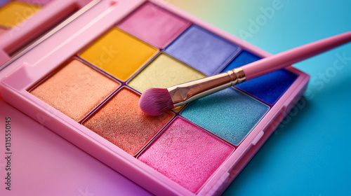 Vibrant makeup palette with brush on colorful background photo