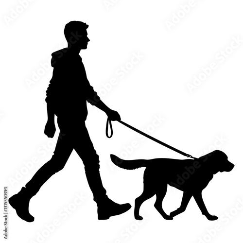 Vector illustration. Black silhouette on white background. Man walking sideways with dog.
