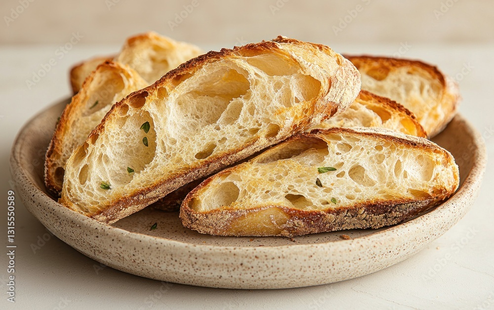 Close-up of golden-brown toasted bread slices arranged on a speckled beige plate. The bread has a slightly crisp exterior and a soft, airy interior, with flecks of herbs visible Close-up of golden-brown toasted bread slices arranged on a speckled beige plate. The bread has a slightly crisp exterior and a soft, airy interior, with flecks of herbs visible
