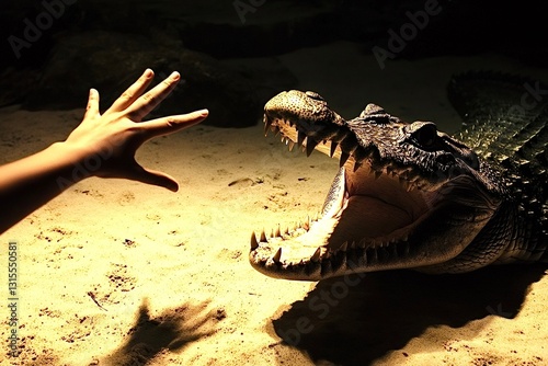 Hand reaching out to a crocodile with open mouth
