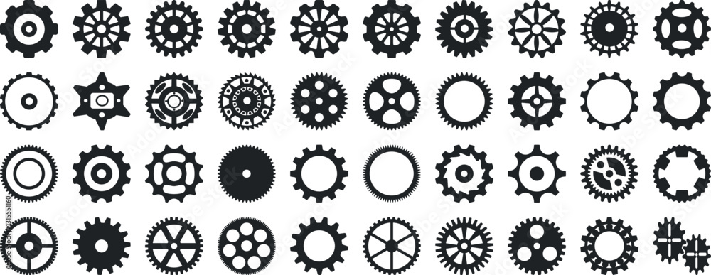Gear icon vector set, black cogwheel vector collection, mechanical gear shapes, engineering symbols, industrial machinery, sprocket designs Gear icon vector set, black cogwheel vector collection, mechanical gear shapes, engineering symbols, industrial machinery, sprocket designs