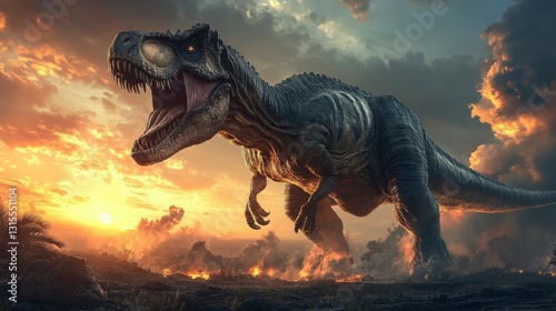 Tyrannosaurus Rex Roaring at Sunset Prehistoric Predator in Fiery Landscape