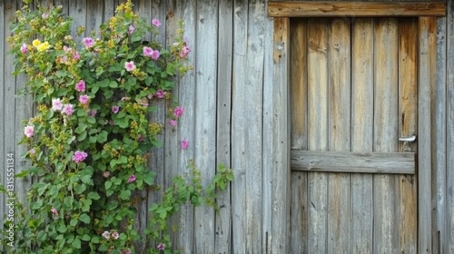 Picturesque wooden house with climbing ivy, colorful flowers, and a charming countryside vibe