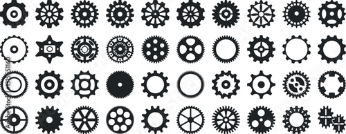Gear icon vector set, black cogwheel vector collection, mechanical gear shapes, engineering symbols, industrial machinery, sprocket designs
