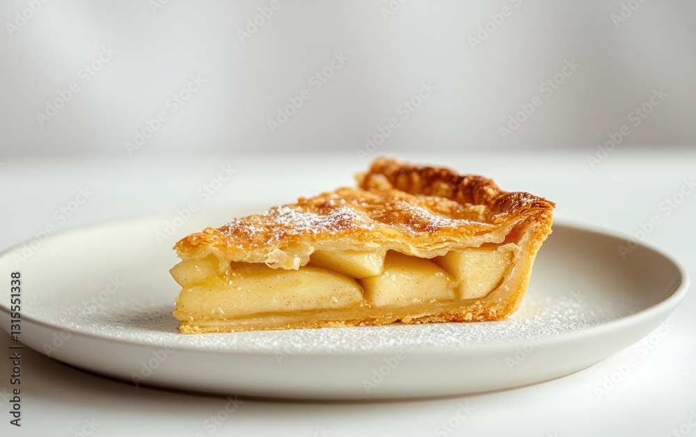 A slice of apple pie with a flaky crust, dusted with powdered sugar, sits on a light beige plate against a white background. The warm lighting enhances the golden-brown hues of the pastry and the A slice of apple pie with a flaky crust, dusted with powdered sugar, sits on a light beige plate against a white background. The warm lighting enhances the golden-brown hues of the pastry and the