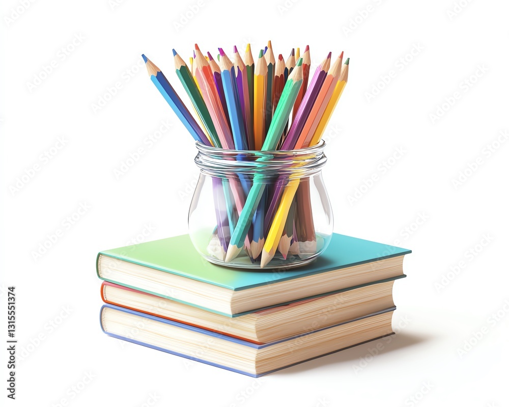 Books stacked with a jar of colorful pencils on top, isolated on white background Concept of education and learning 3D Rendering Books stacked with a jar of colorful pencils on top, isolated on white background Concept of education and learning 3D Rendering