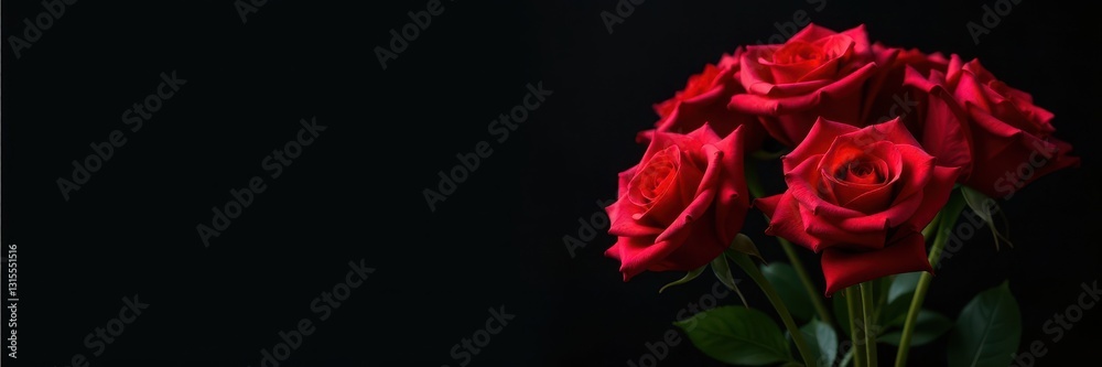Naklejka premium Black background with a bouquet of red roses and empty space, black background, bouquet