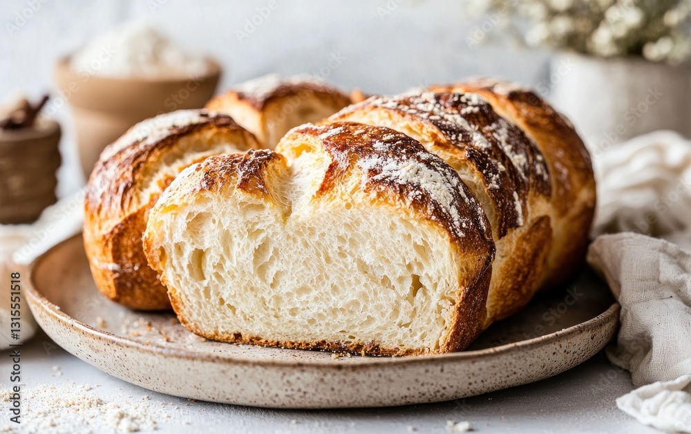 Golden brown artisan bread loaf, sliced, on a speckled beige plate. Close-up view shows soft, fluffy crumb. Flour and baking elements in soft focus background Golden brown artisan bread loaf, sliced, on a speckled beige plate. Close-up view shows soft, fluffy crumb. Flour and baking elements in soft focus background
