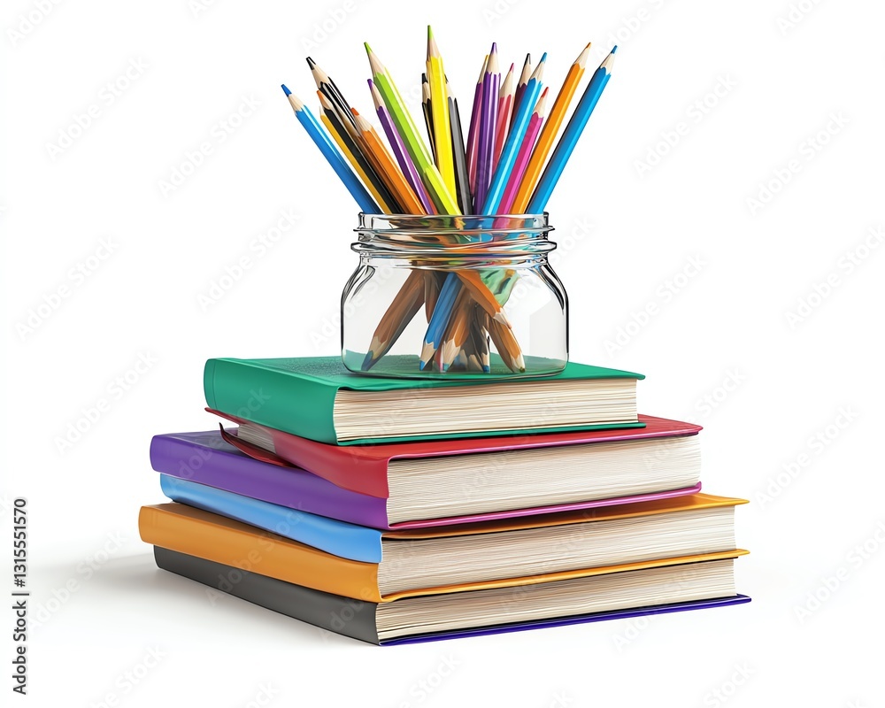 Books stacked with a jar of colorful pencils on top, isolated on white background Concept of education and learning 3D Rendering Books stacked with a jar of colorful pencils on top, isolated on white background Concept of education and learning 3D Rendering