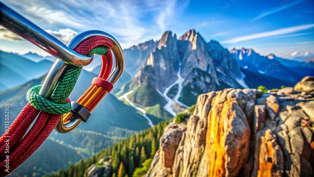 Secure Mountain Climbing: Carabiner and Rope Close-up in Dramatic Landscape Secure Mountain Climbing: Carabiner and Rope Close-up in Dramatic Landscape