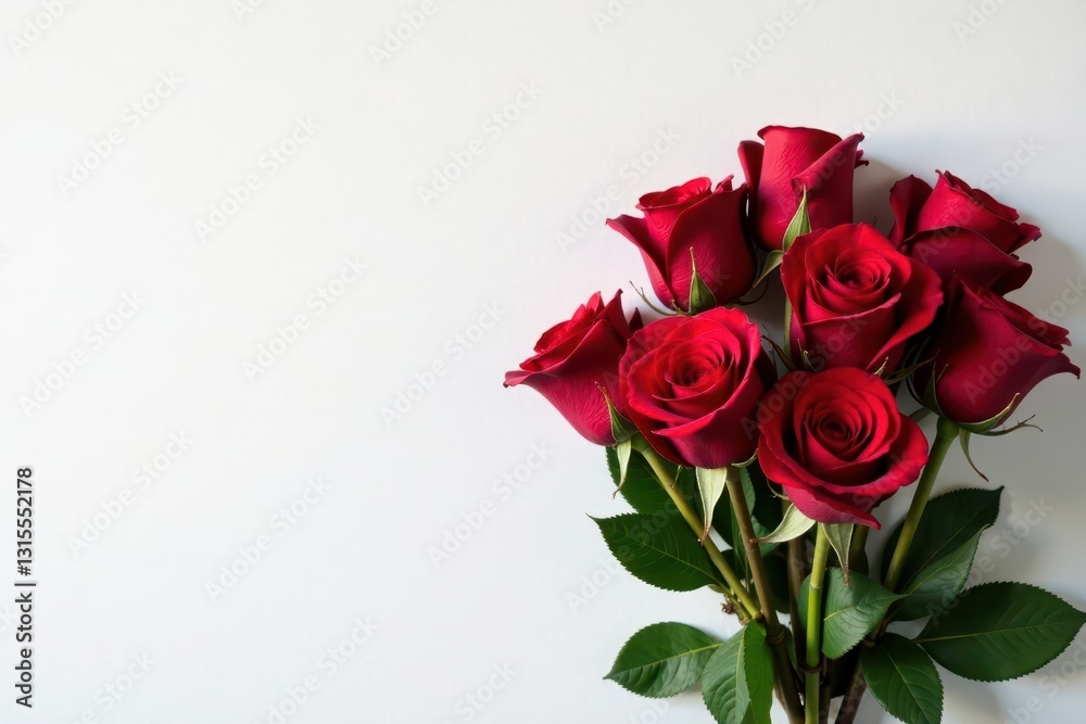 elegant bouquet of long-stemmed red roses placed against crisp white canvas, classic, flowers elegant bouquet of long-stemmed red roses placed against crisp white canvas, classic, flowers