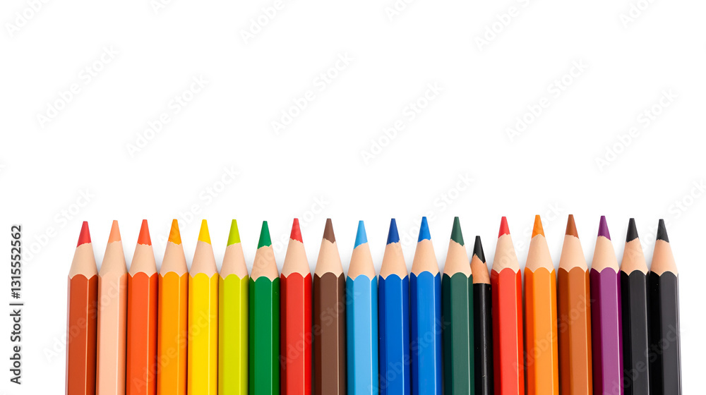 Photo of a row of colorful wooden pencils aligned isolated on transparent background. Back to school and arts concept, png file Photo of a row of colorful wooden pencils aligned isolated on transparent background. Back to school and arts concept, png file