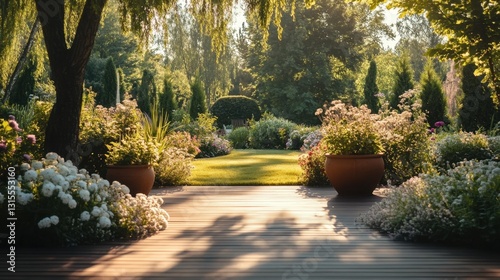 Serene backyard garden with large potted plants, a wooden deck, and soft sunlight filtering through the trees
