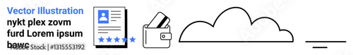 Document with profile picture and text, wallet containing cash and cards, cloud storage with connection line. Ideal for finance, security, data storage, online transactions, digital identity, cloud