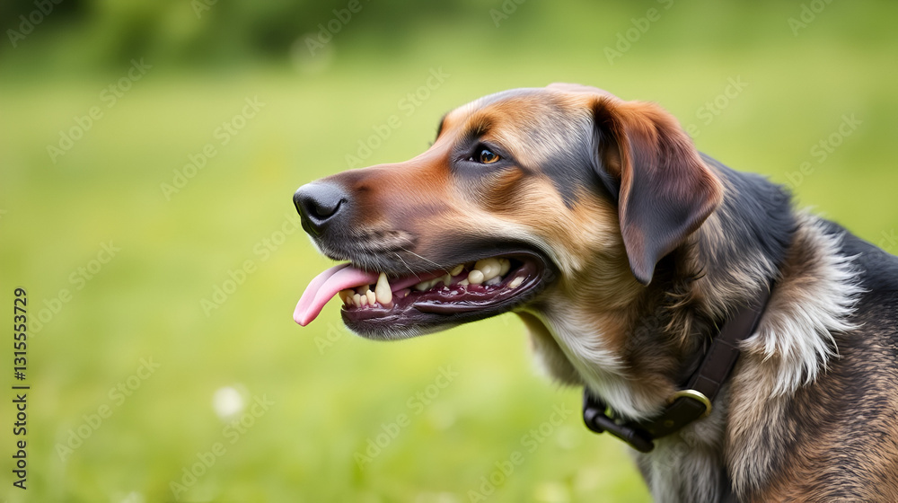 A beautiful Drathaar dog with tongue out on a green meadow at summer day. Concentrated anxious gun dog face. A German hound. A large breed of hunting dog with a collar around neck. Devoted friend A beautiful Drathaar dog with tongue out on a green meadow at summer day. Concentrated anxious gun dog face. A German hound. A large breed of hunting dog with a collar around neck. Devoted friend