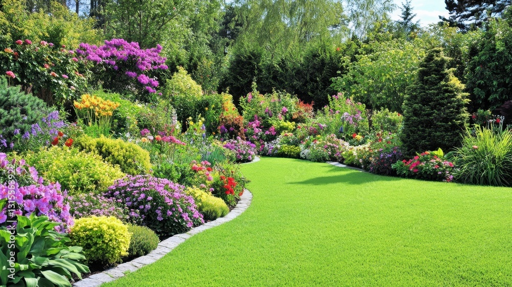Naklejka premium Spacious backyard garden with manicured lawns, decorative bushes, and vibrant flowers in full bloom