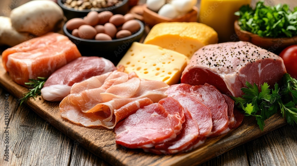 Delicious Charcuterie Board with Variety of Meats, Cheeses, and Nuts Delicious Charcuterie Board with Variety of Meats, Cheeses, and Nuts