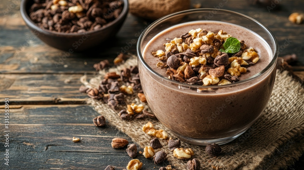 Delicious Chocolate Smoothie with Nuts and Chocolate Chips on Rustic Wooden Table Delicious Chocolate Smoothie with Nuts and Chocolate Chips on Rustic Wooden Table