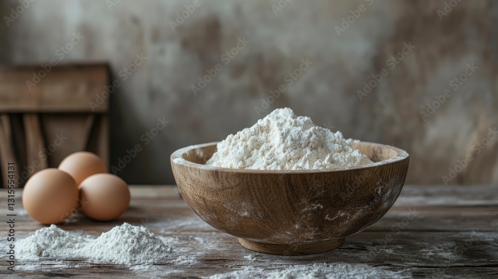 Wooden Bowl of Flour with Eggs on Rustic Wooden Table Wooden Bowl of Flour with Eggs on Rustic Wooden Table