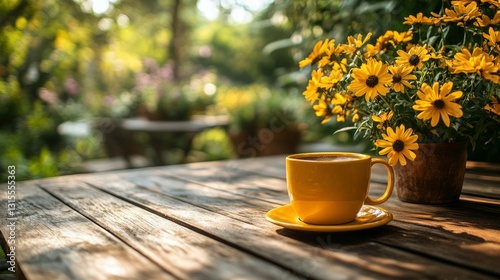 Serene Morning Coffee in a Sun-Drenched Garden