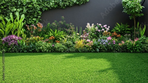 Lush Garden Border with Vibrant Flowers and Green Lawn