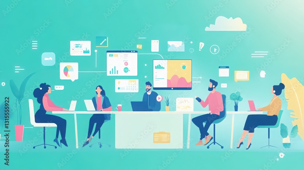 Diverse professionals collaborating at virtual meeting with data visualization Diverse professionals collaborating at virtual meeting with data visualization
