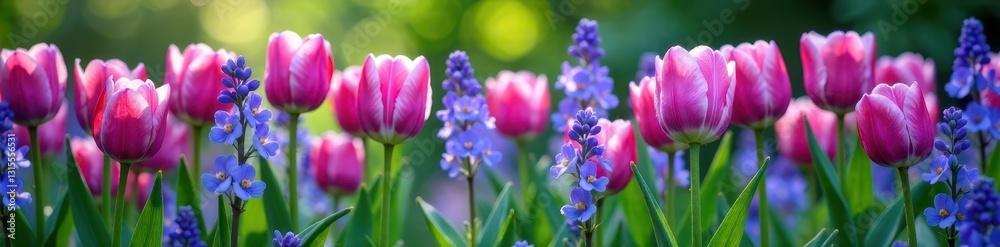 A stunning mix of tulips and violets in shades of blue-purple on a lush green background, blooms, nature, garden A stunning mix of tulips and violets in shades of blue-purple on a lush green background, blooms, nature, garden