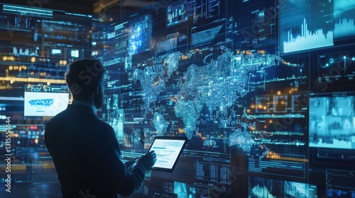 Wallpaper Mural Analyzing Global Data Streams, Man Using Tablet with World Map and Graphs Torontodigital.ca