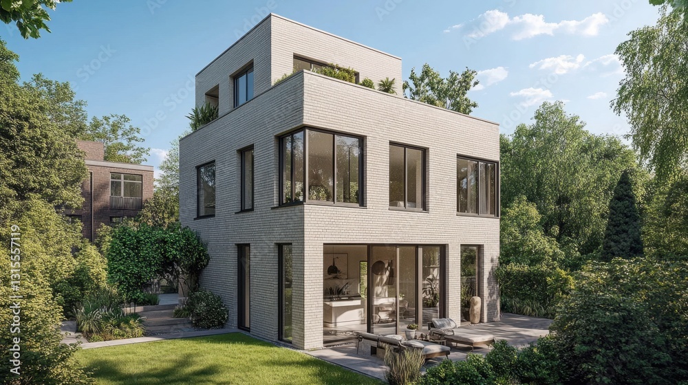 Fototapeta premium Urban two-story home with a bold modern design, rooftop terrace, and smart energy-saving features