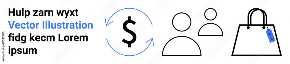 Currency sign with circular arrows, two user icons, and a shopping bag with a tag. Ideal for e-commerce, online payment, shopping, consumer behavior, marketing, retail flat landing page banner Currency sign with circular arrows, two user icons, and a shopping bag with a tag. Ideal for e-commerce, online payment, shopping, consumer behavior, marketing, retail flat landing page banner