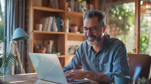 A senior professional working remotely from a cozy home office, smiling while using a laptop