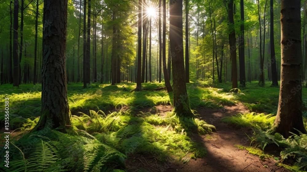Fototapeta premium Forest with sunlight shining through trees. Sunlight creates beautiful shadows on ground. Forest is lush and green