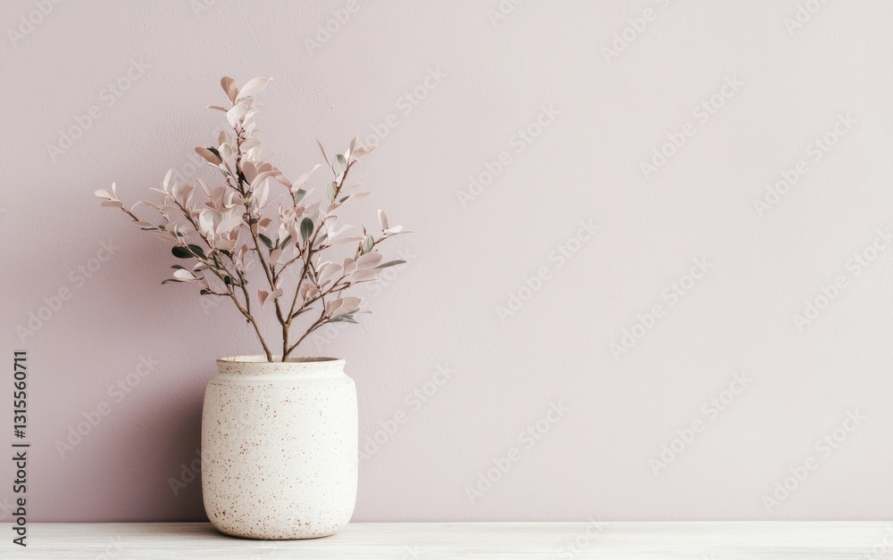 Dusty rose textured wall background with a white speckled vase holding a delicate mauve colored plant