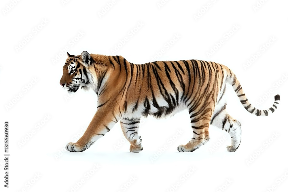 Obraz premium Majestic Bengal tiger walking in side view, isolated on white background. Large wild cat with distinctive orange fur and black stripes shows graceful movement.