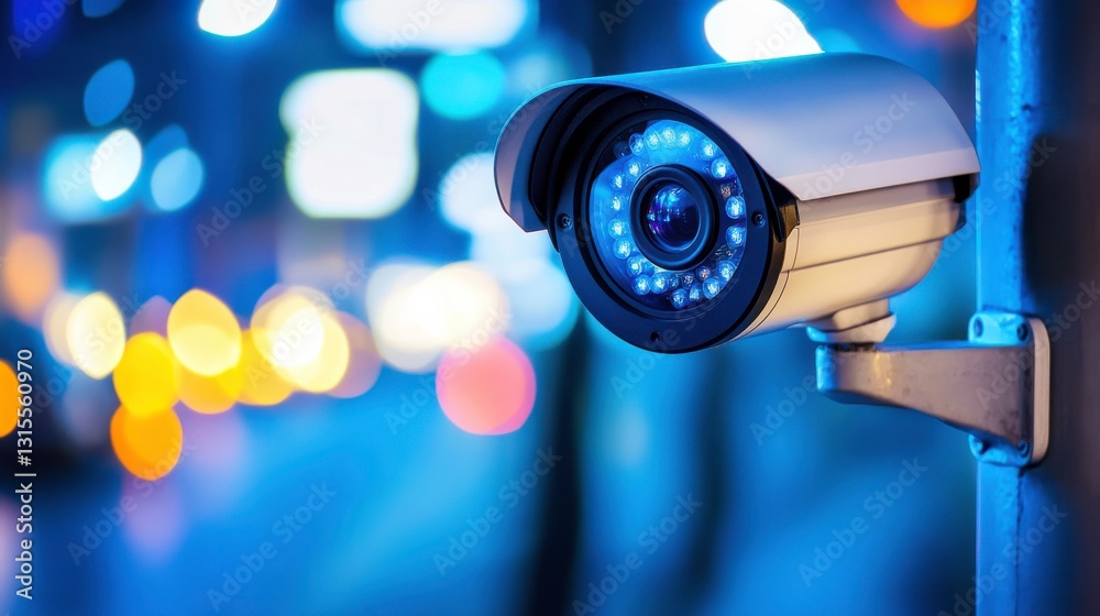 Glowing CCTV Camera in Low Light City Environment Glowing CCTV Camera in Low Light City Environment
