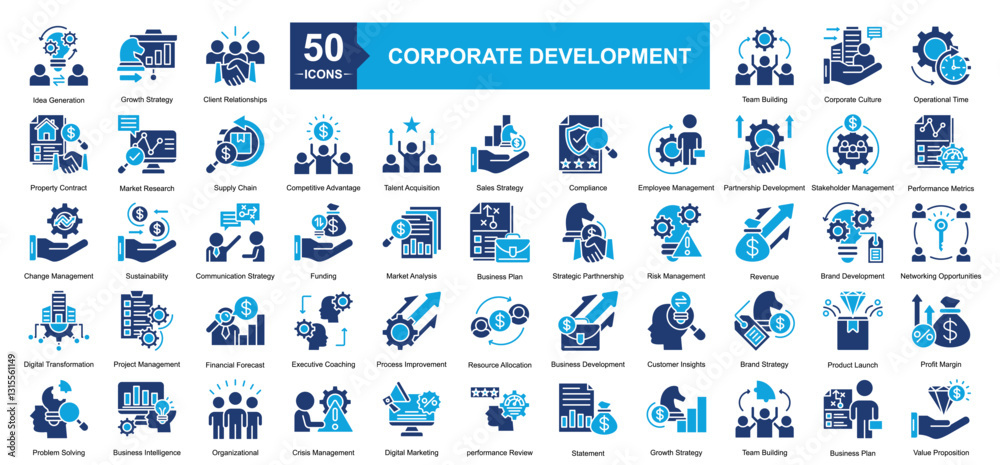 Corporate Development icon sheet Idea Generation, Property Contract, Change Management, Digital Transformation, Problem Solving, Growth Strategy, Client Relationships, Operational Time, Performance Corporate Development icon sheet Idea Generation, Property Contract, Change Management, Digital Transformation, Problem Solving, Growth Strategy, Client Relationships, Operational Time, Performance
