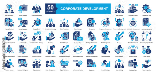 Corporate Development icon sheet Idea Generation, Property Contract, Change Management, Digital Transformation, Problem Solving, Growth Strategy, Client Relationships, Operational Time, Performance