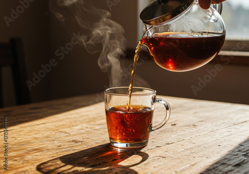 Pouring black tea into glass cup on wooden table
