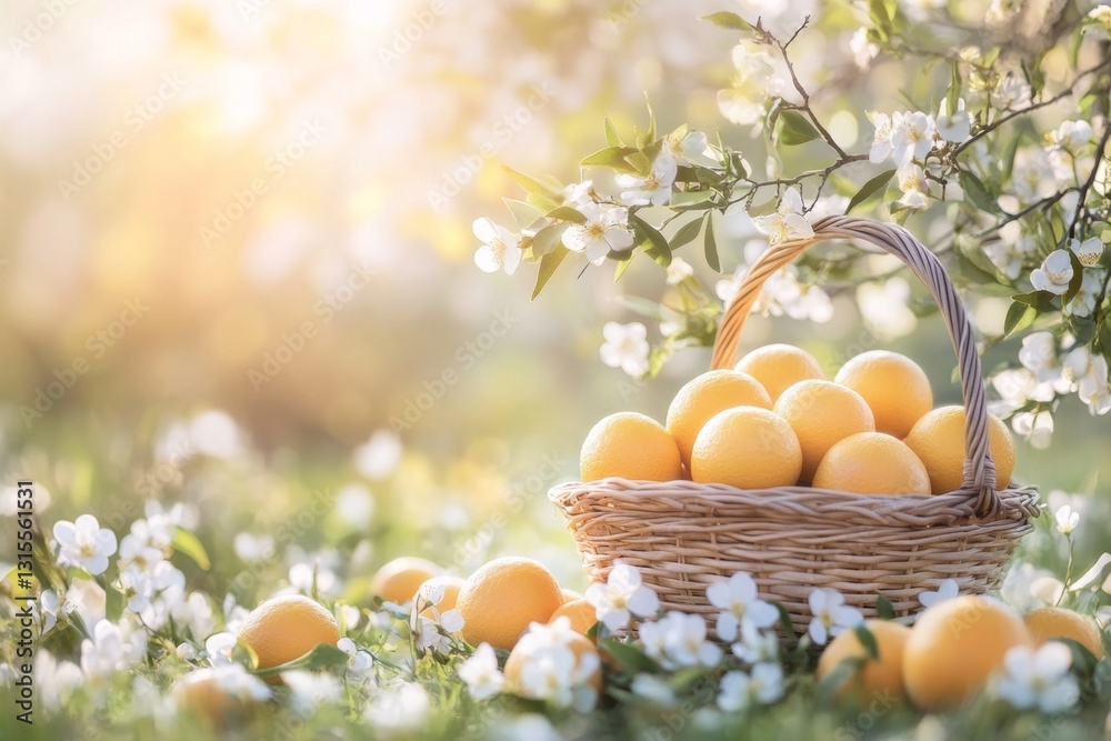 A basket of freshly picked oranges under a blossoming orange tree, surrounded by wildflowers and greenery A basket of freshly picked oranges under a blossoming orange tree, surrounded by wildflowers and greenery