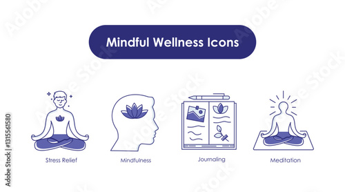 Mindful Wellness Icons Meditation, Mindfulness, Journaling, Stress Relief.