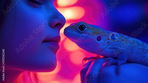 Close Encounter Between Girl and Colorful Leopard Gecko in Neon Light