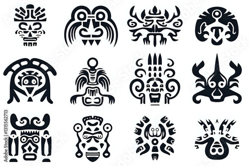 Ancient tribal masks and totems collection in black silhouette style. Traditional ethnic symbols and mystical creatures for decorative art and pattern design.