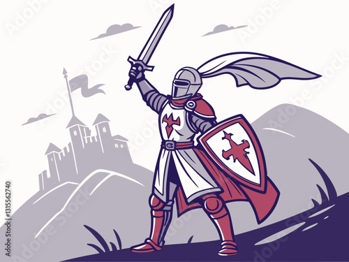Vector illustration of a Medieval Knight Holding Sword and Shield