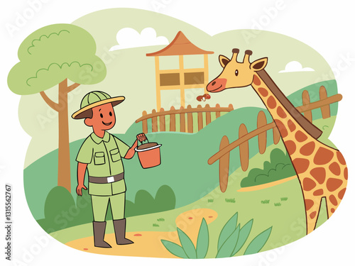 Vector illustration of a Zookeeper Feeding Giraffe in Wildlife Park