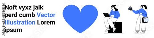 Blue heart alongside two characters interacting one works on a laptop, another hands over an object. Ideal for teamwork, creativity, connection, support, collaboration, productivity, flat landing