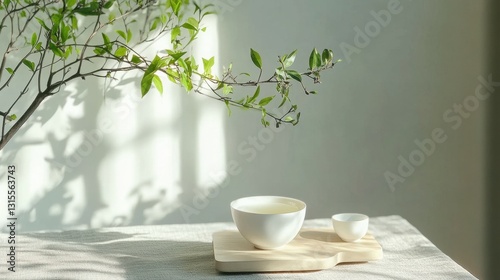 Minimalist Tea Ceremony Setup with White Ceramics and Greenery
