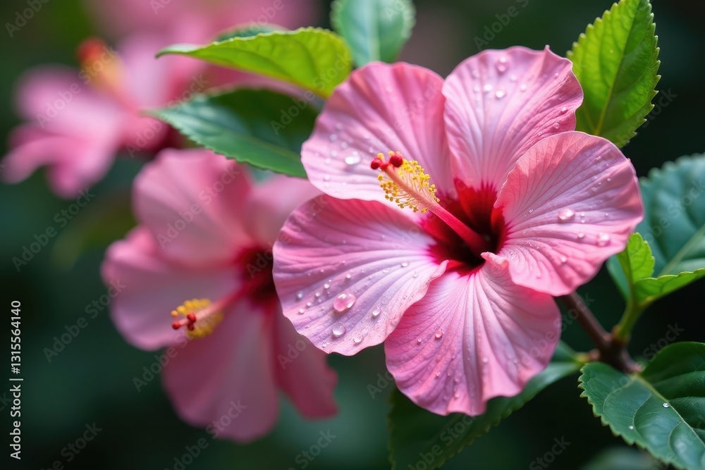 Soft pink hibiscus flowers with dew drops on petals, soft focus, delicate details, pink flowers Soft pink hibiscus flowers with dew drops on petals, soft focus, delicate details, pink flowers