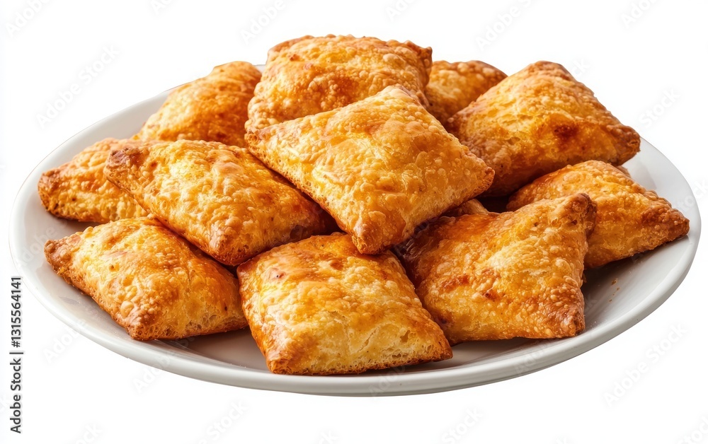 Golden brown, square-shaped pastries arranged on a white plate. Crispy texture is visible. Food photography with bright lighting Golden brown, square-shaped pastries arranged on a white plate. Crispy texture is visible. Food photography with bright lighting